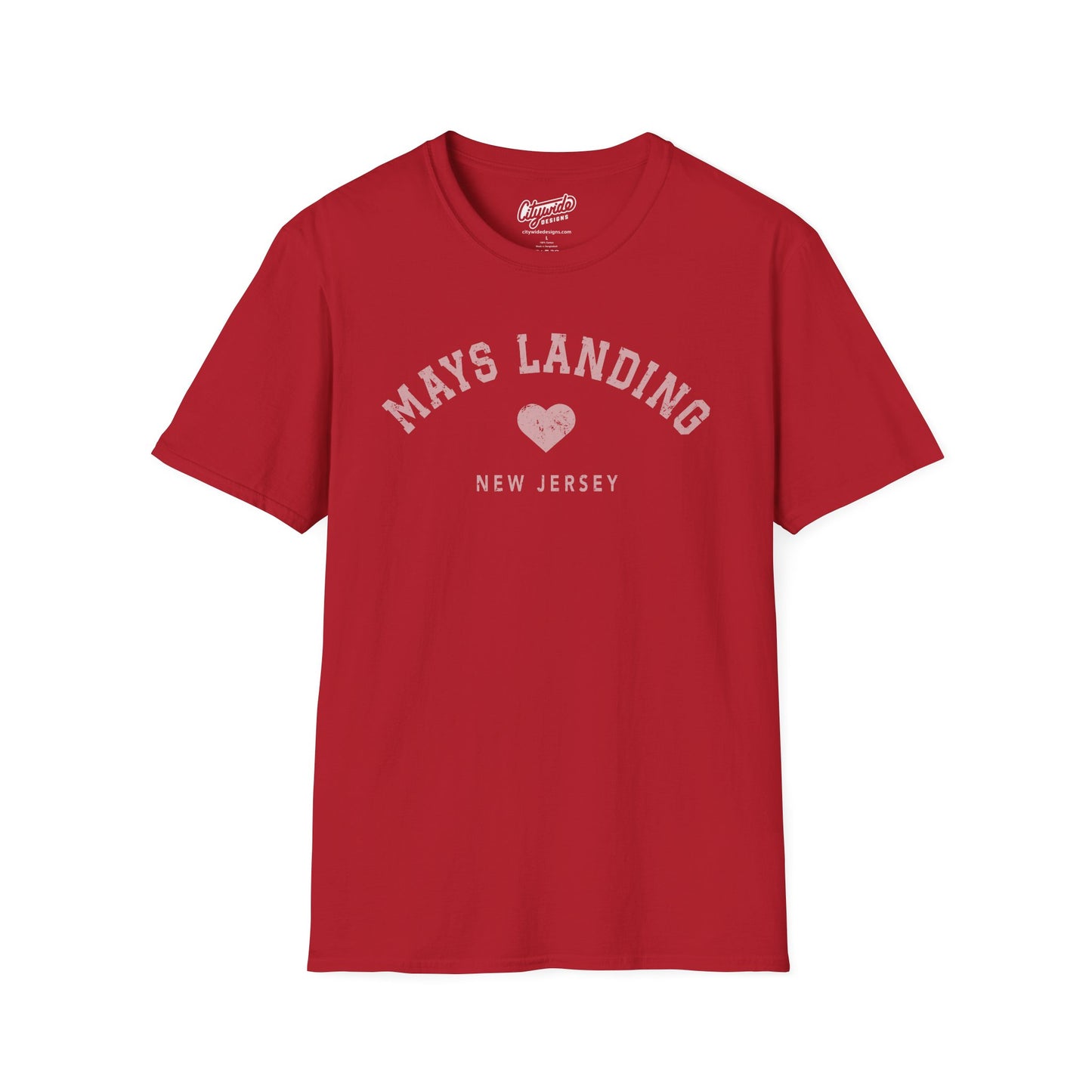 Mays Landing, Heart, New Jersey, Distressed, Arched Varsity Text T-Shirt