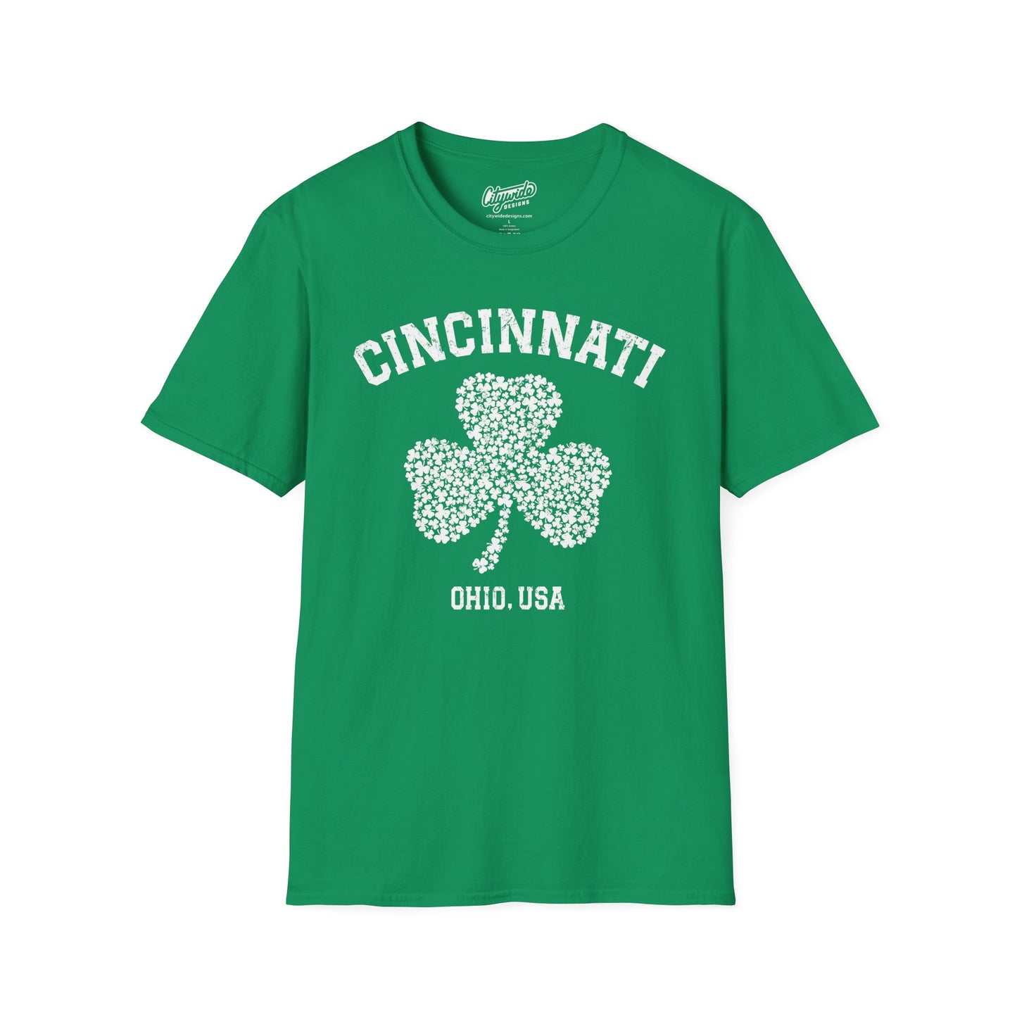 Cincinnati Shamrock Stylized T-Shirt – Big Shamrock of Tiny Shamrocks in White Ink