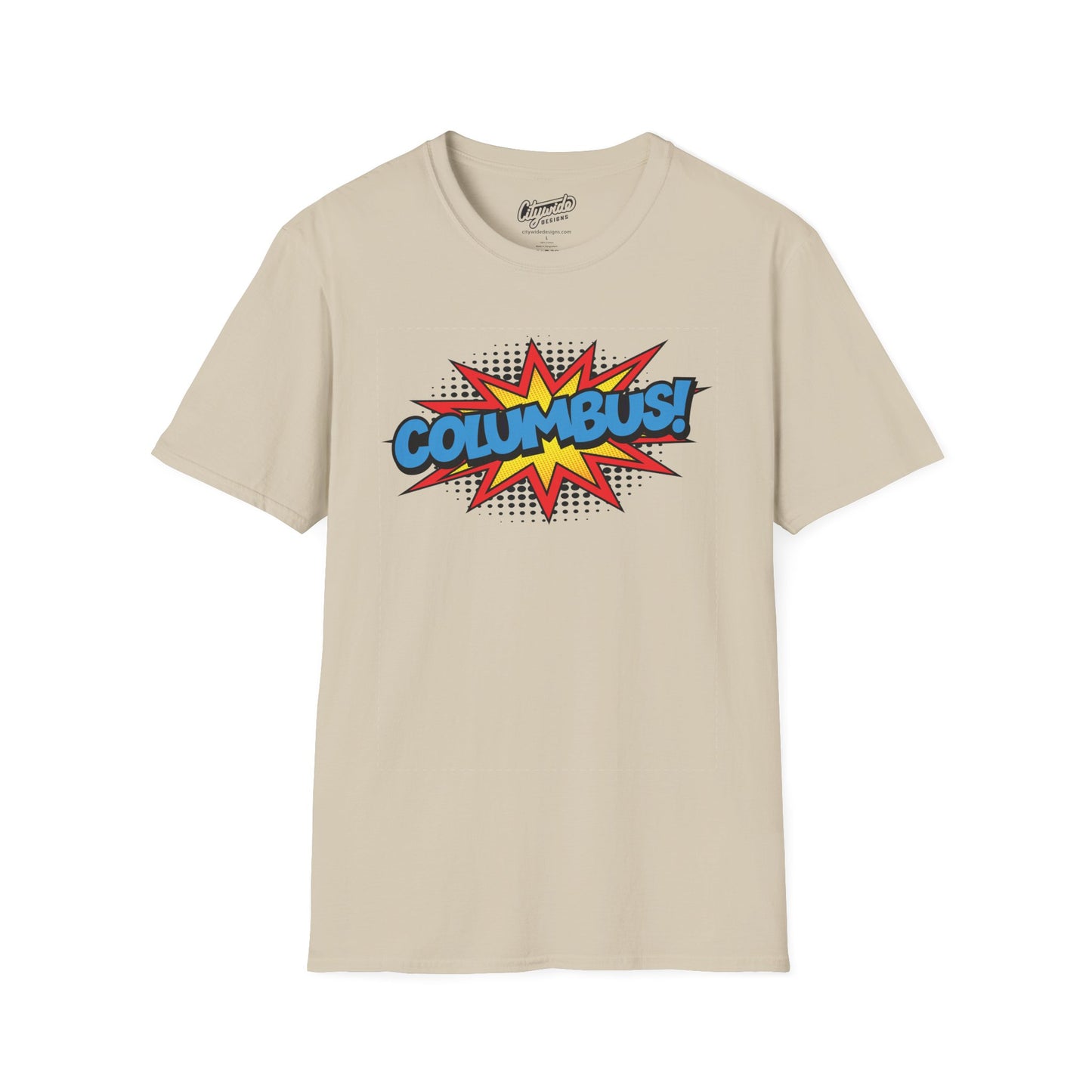 Columbus in Pop Art Comic Burst Graphic Tee with Halftone Dots