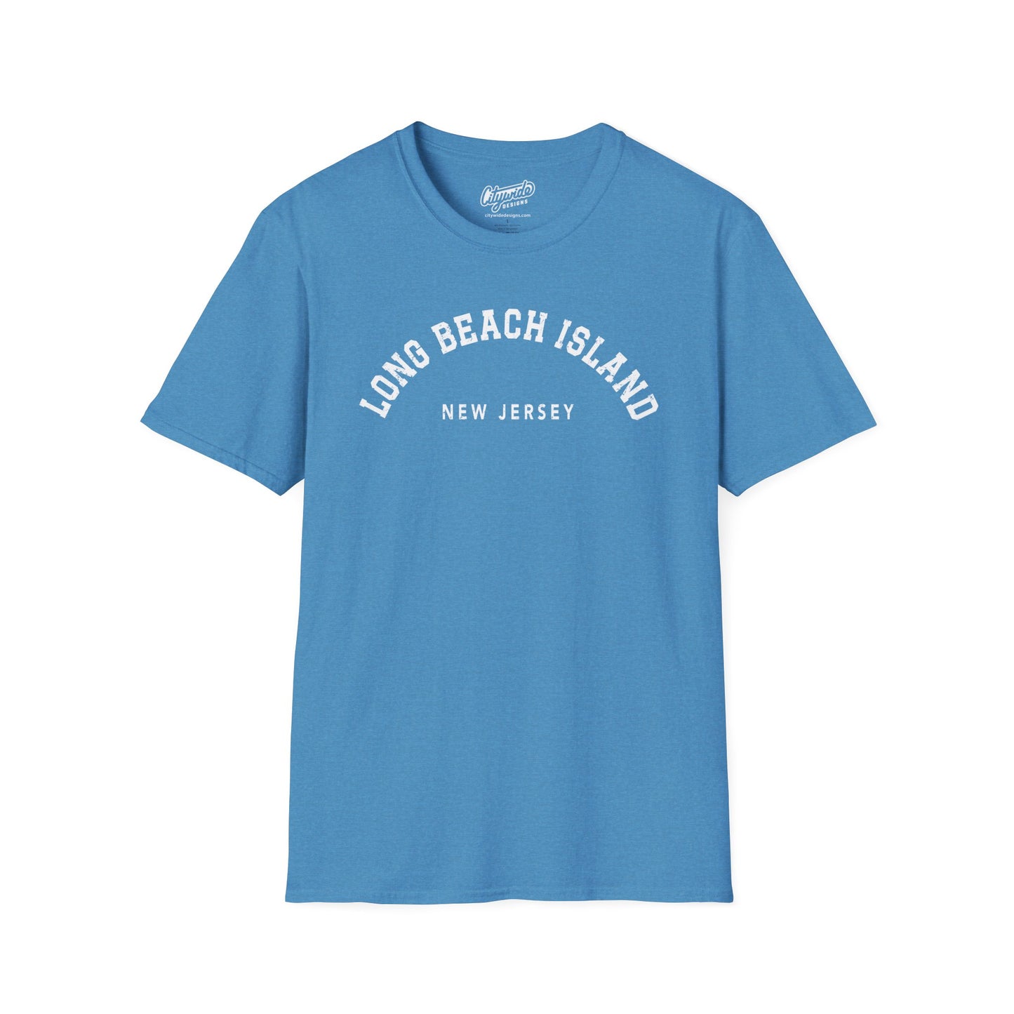 Long Beach Island, New Jersey, Distressed, Arched Varsity Text T-Shirt