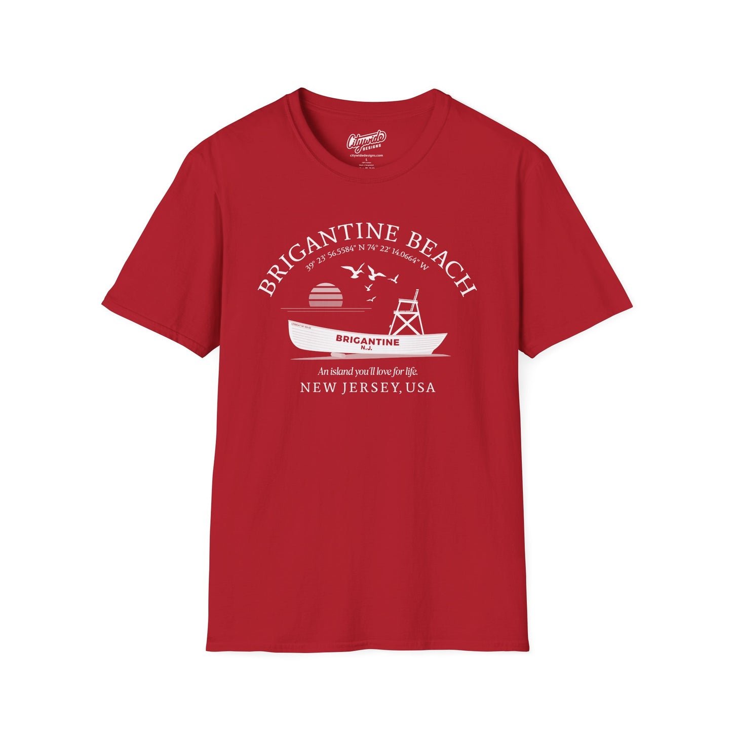 Brigantine Beach Life Boat, Retro Sunset & Sea Gulls T-Shirt