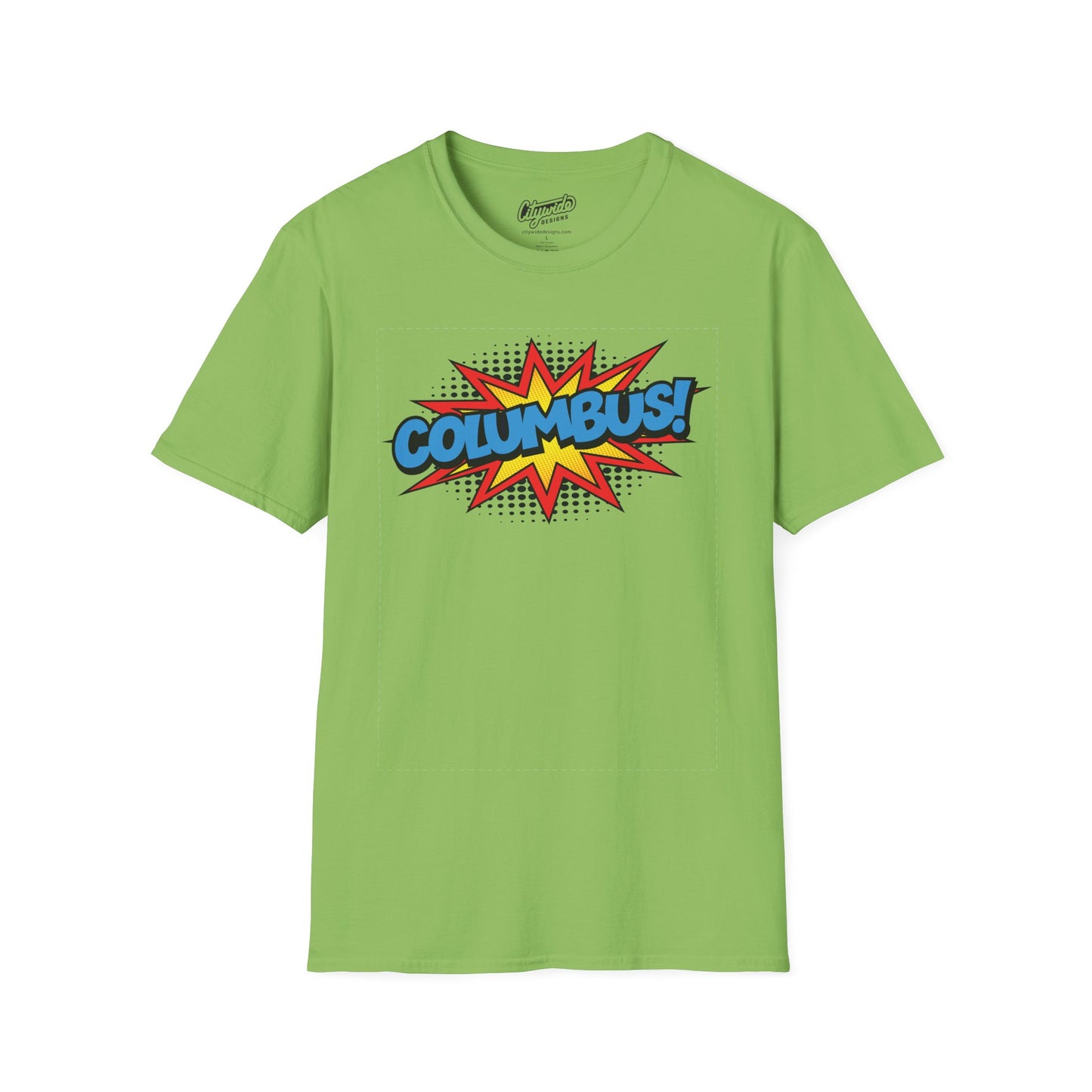Columbus in Pop Art Comic Burst Graphic Tee with Halftone Dots