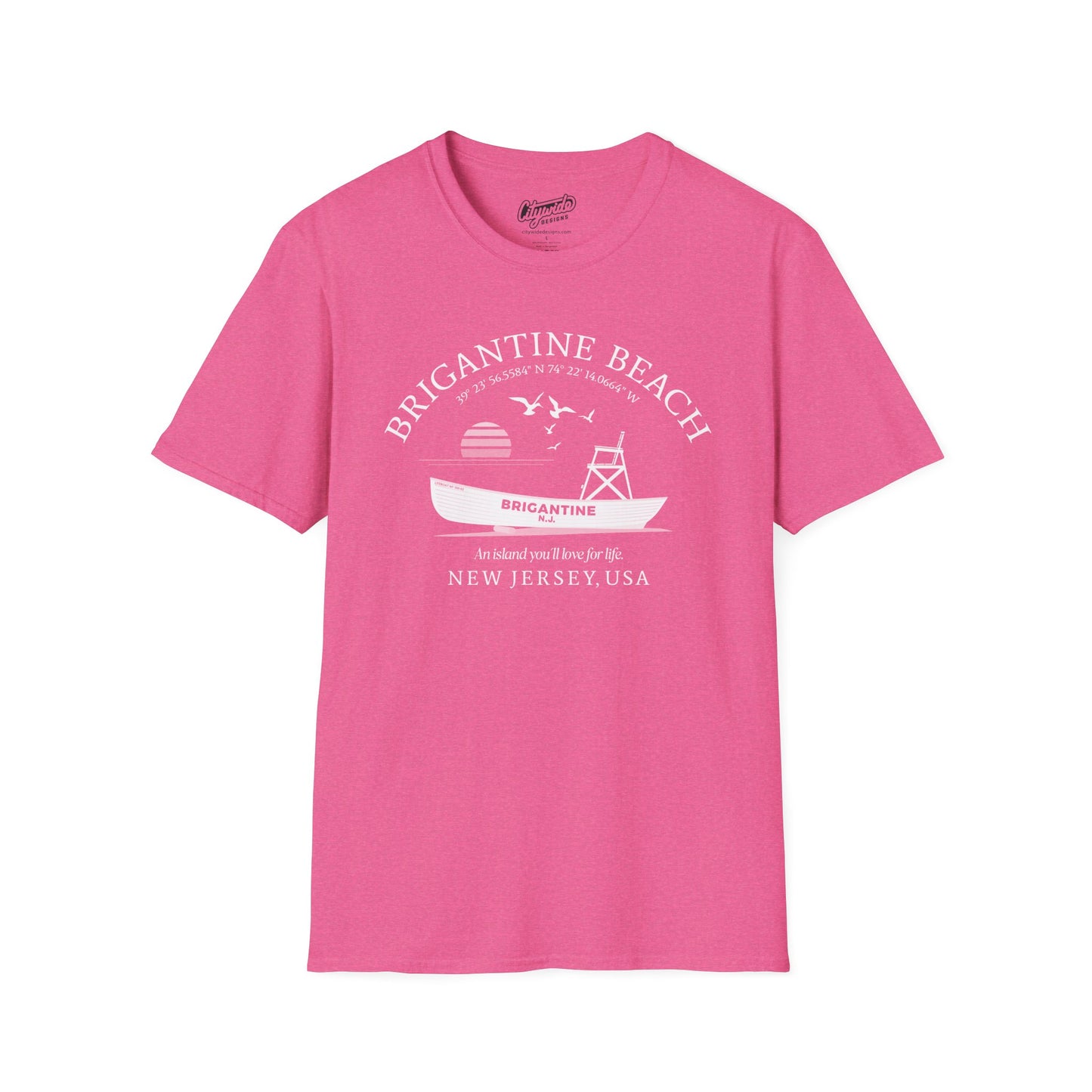 Brigantine Beach Life Boat, Retro Sunset & Sea Gulls T-Shirt