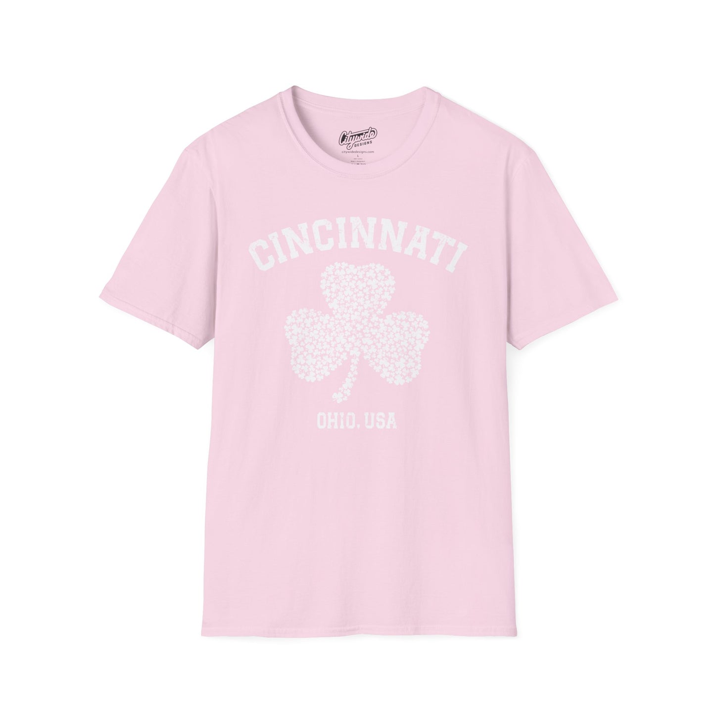 Cincinnati Shamrock Stylized T-Shirt – Big Shamrock of Tiny Shamrocks in White Ink