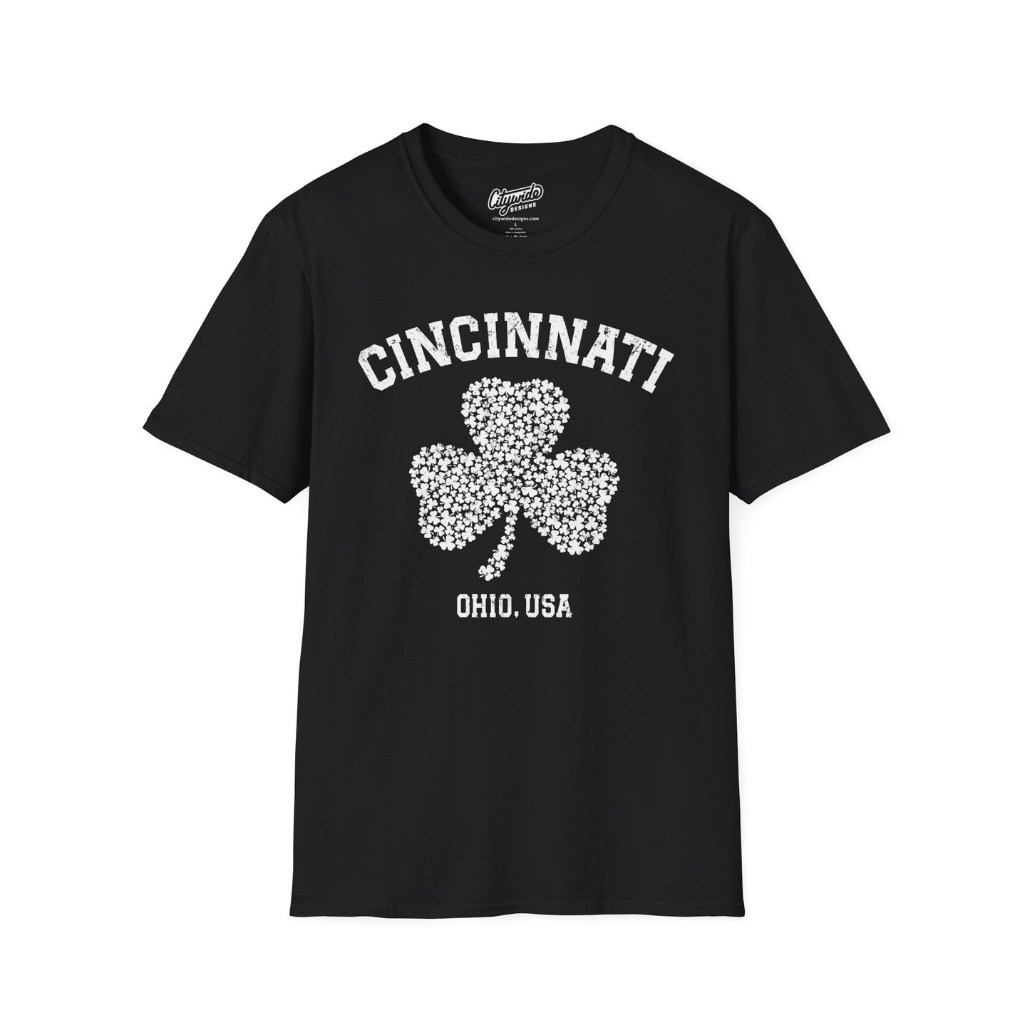Cincinnati Shamrock Stylized T-Shirt – Big Shamrock of Tiny Shamrocks in White Ink