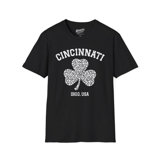 Cincinnati Shamrock Stylized T-Shirt – Big Shamrock of Tiny Shamrocks in White Ink