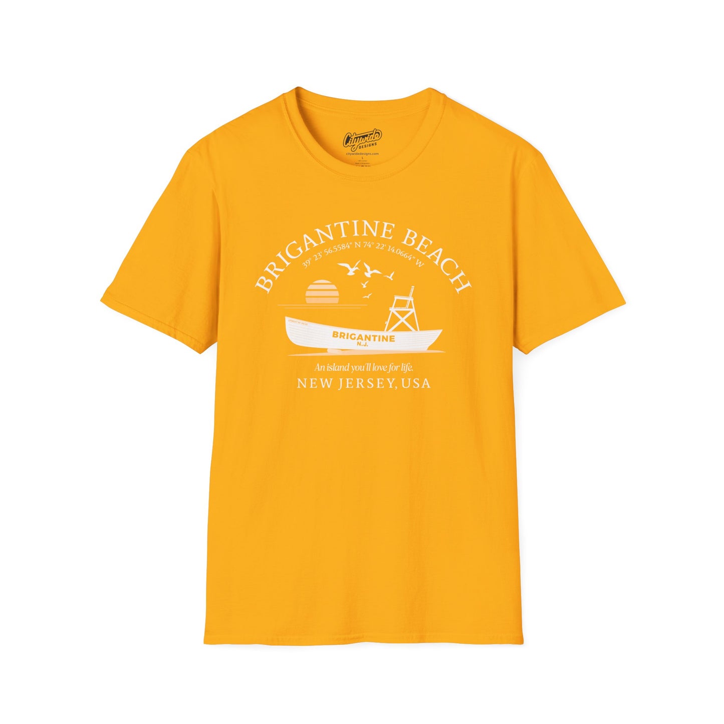 Brigantine Beach Life Boat, Retro Sunset & Sea Gulls T-Shirt