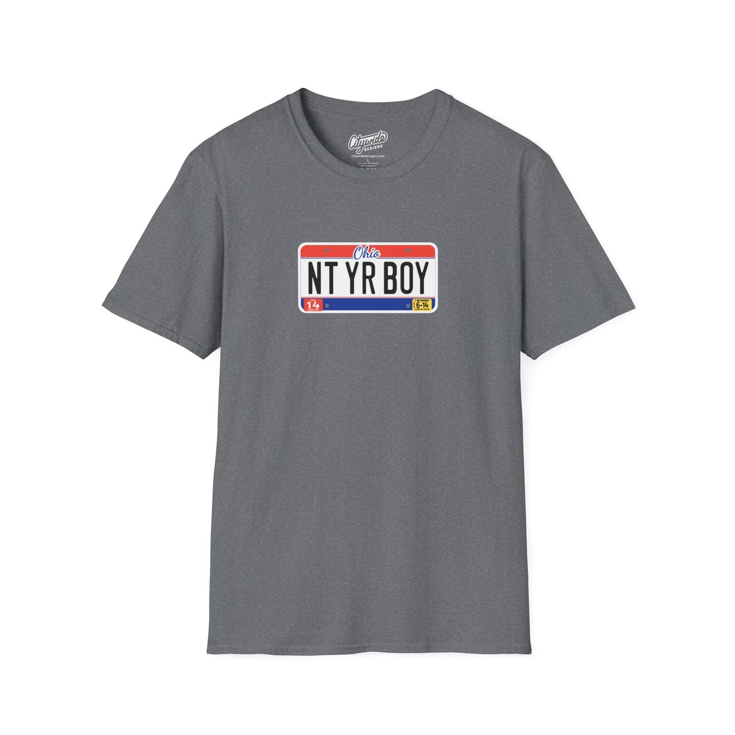 Ohio License Plate Graphic Tee with Nt Yr Boy Text T-Shirt