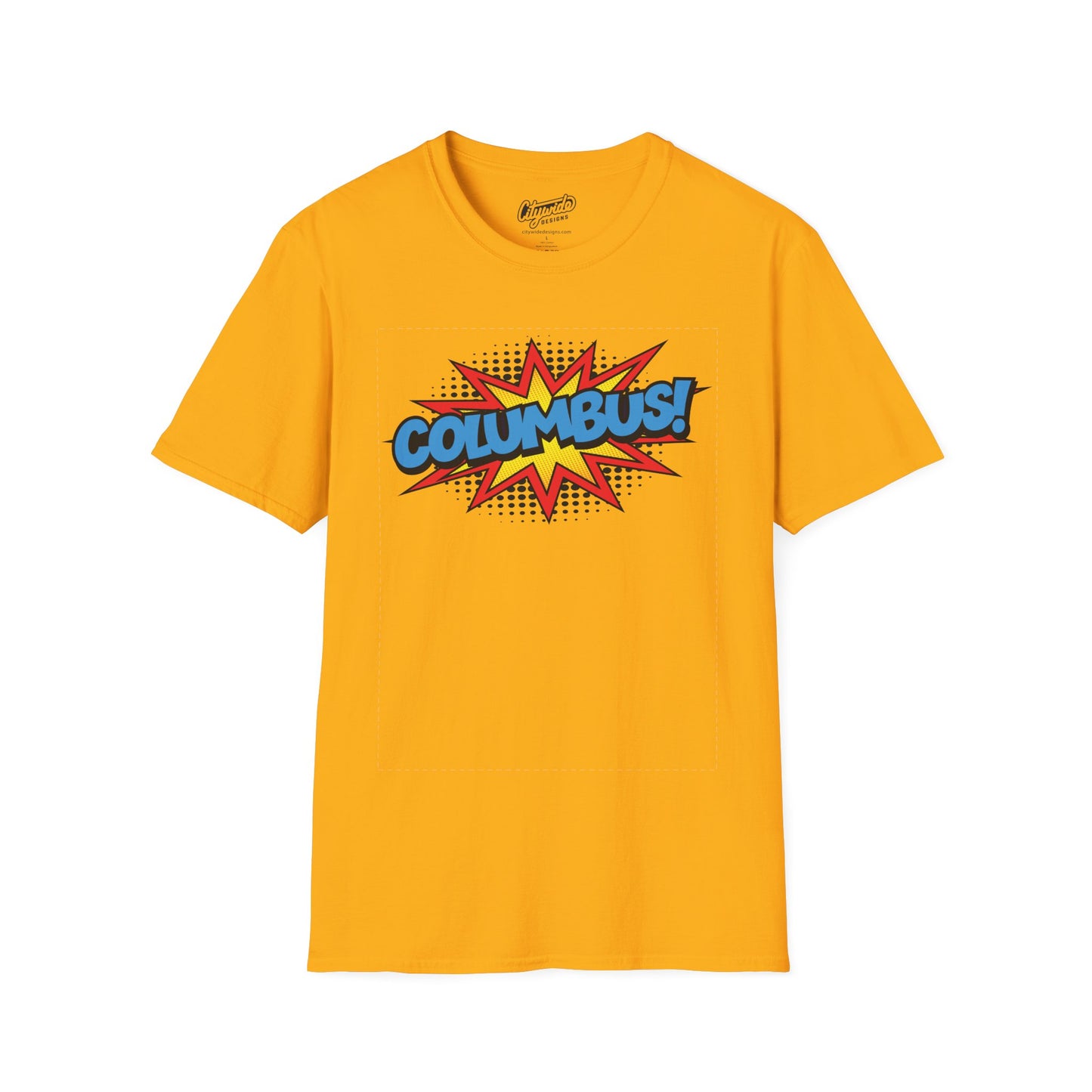 Columbus in Pop Art Comic Burst Graphic Tee with Halftone Dots