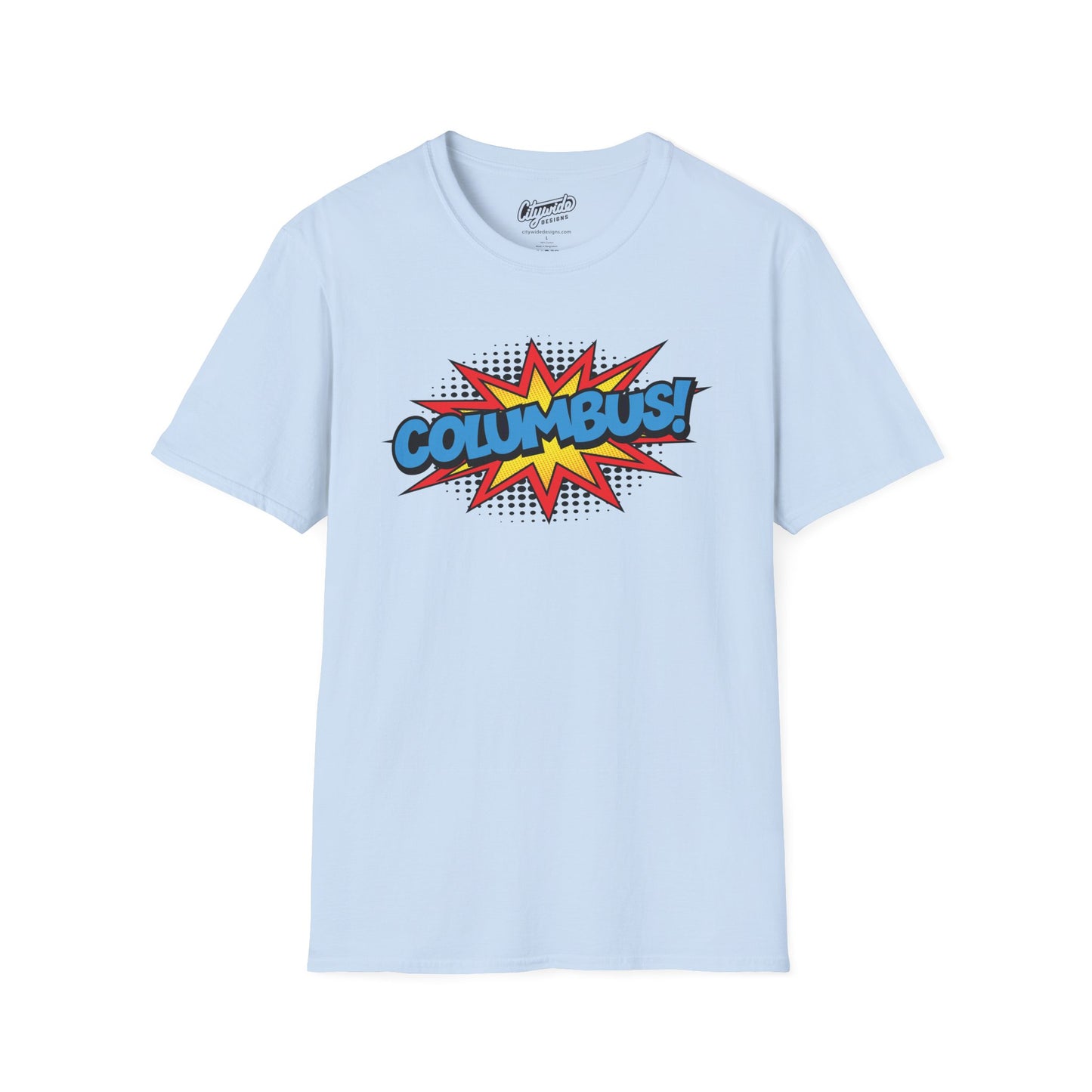 Columbus in Pop Art Comic Burst Graphic Tee with Halftone Dots