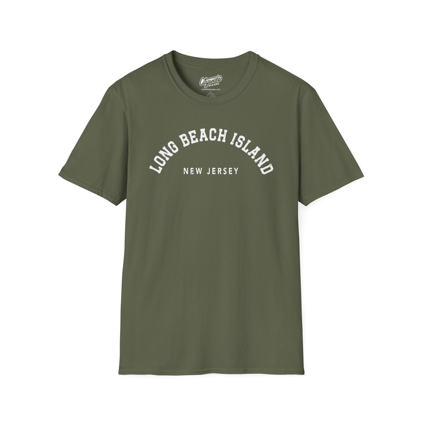 Long Beach Island, New Jersey, Distressed, Arched Varsity Text T-Shirt