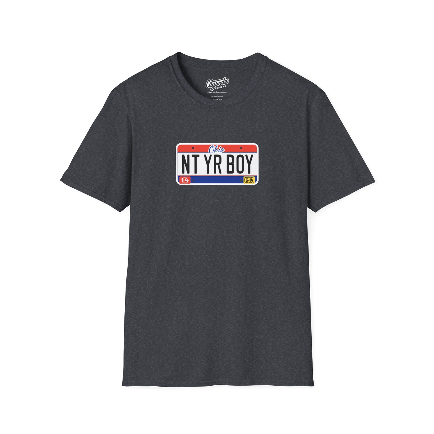 Ohio License Plate Graphic Tee with Nt Yr Boy Text T-Shirt