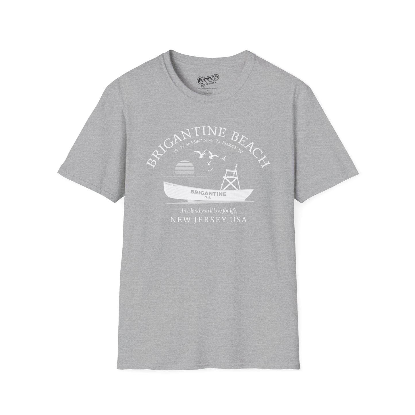 Brigantine Beach Life Boat, Retro Sunset & Sea Gulls T-Shirt