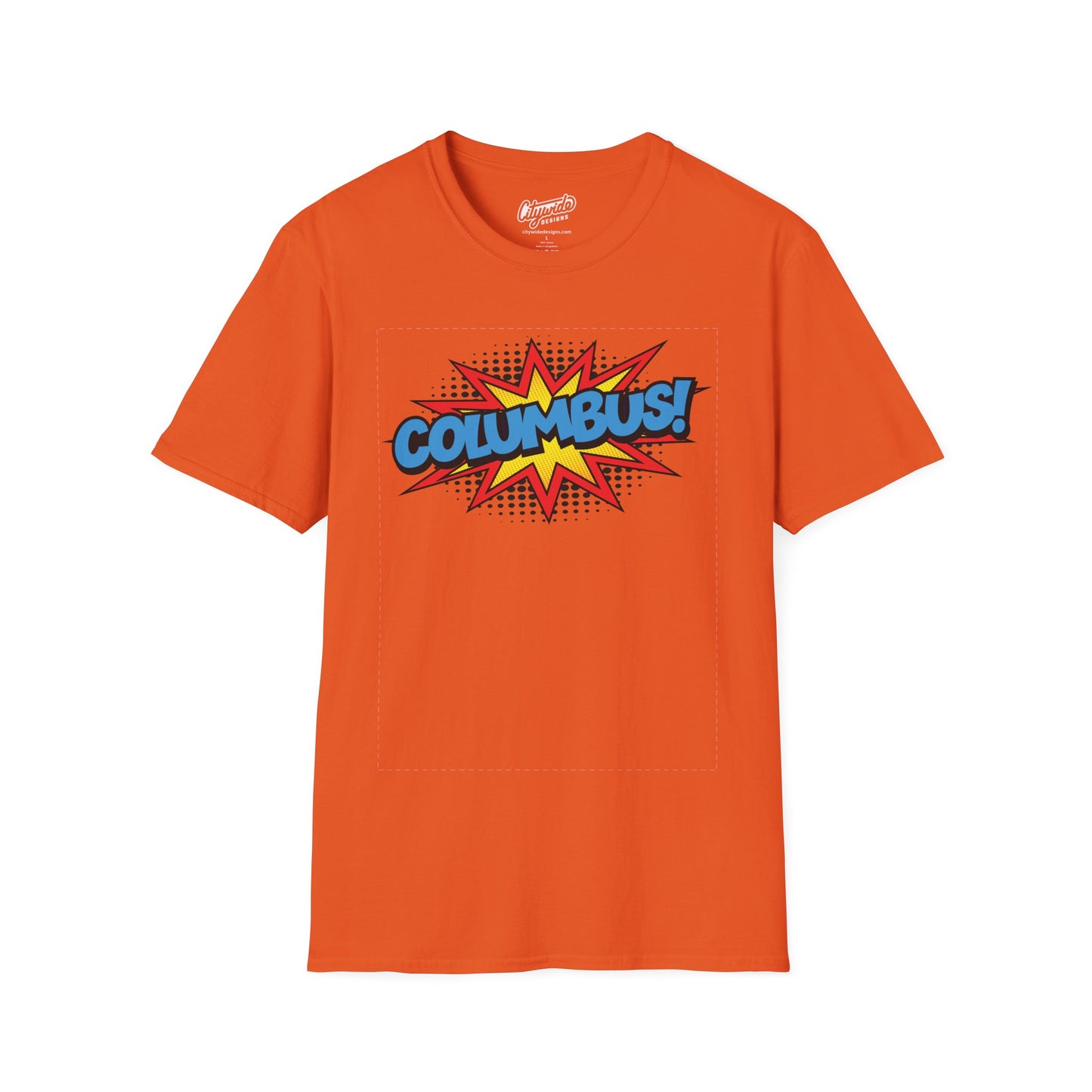 Columbus in Pop Art Comic Burst Graphic Tee with Halftone Dots
