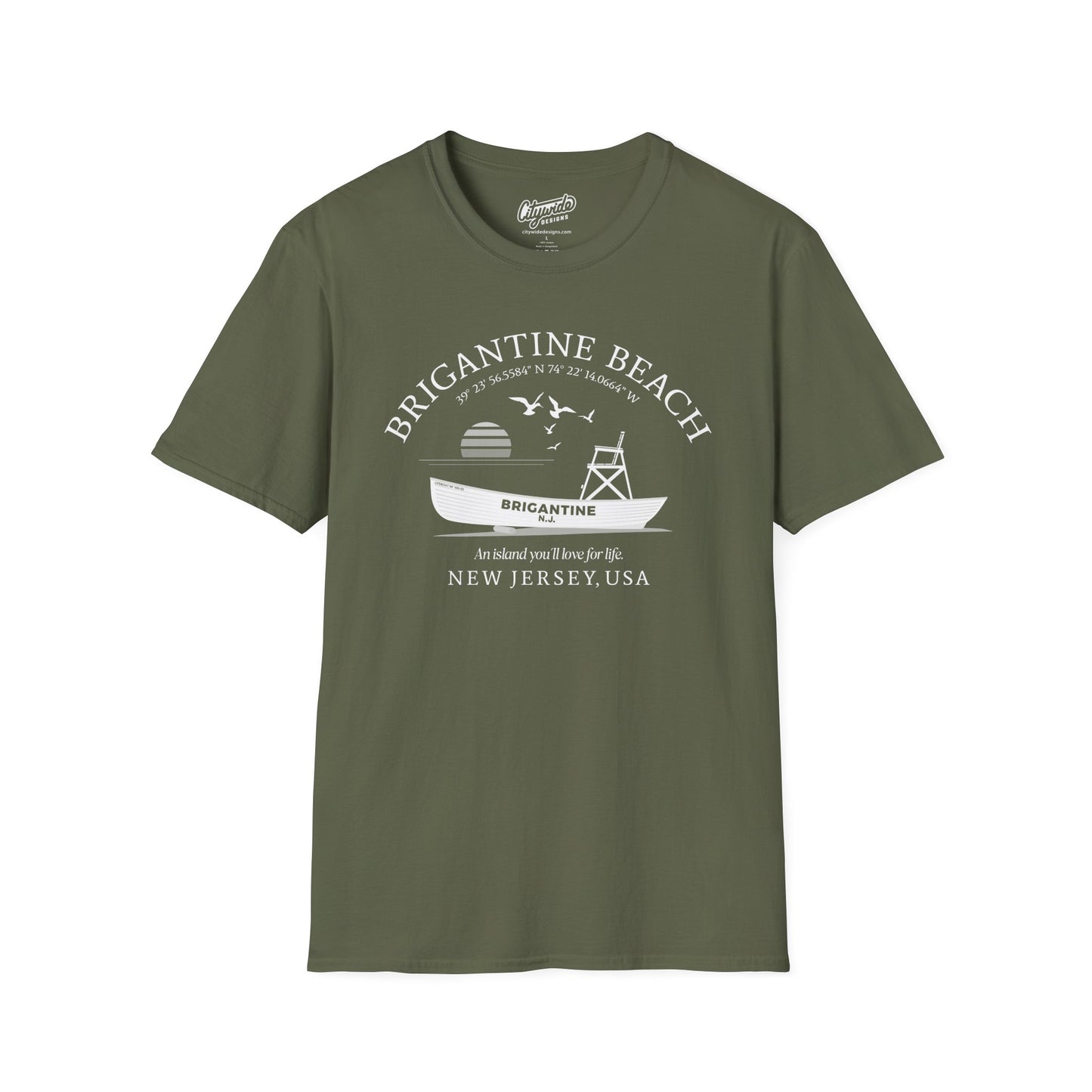 Brigantine Beach Life Boat, Retro Sunset & Sea Gulls T-Shirt
