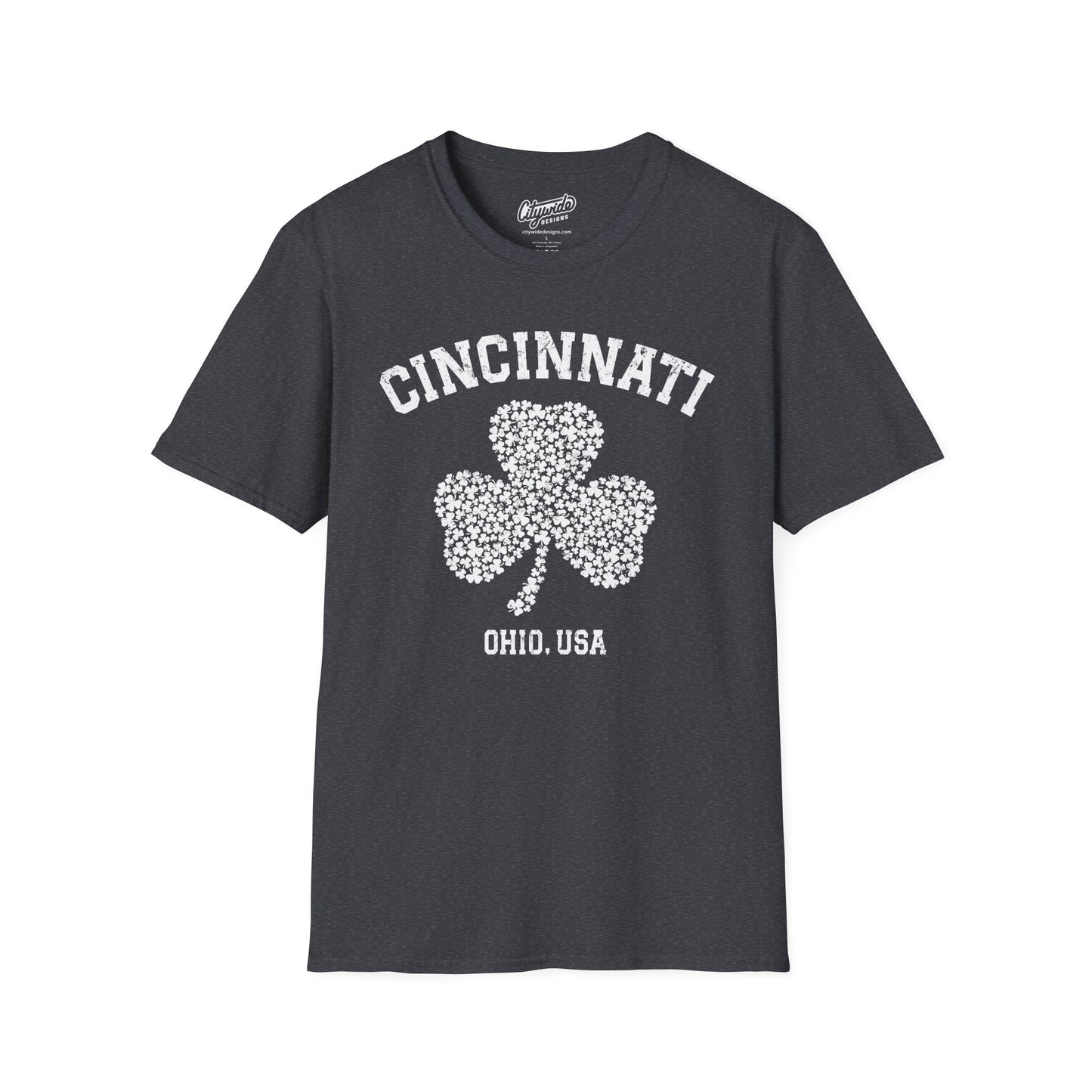 Cincinnati Shamrock Stylized T-Shirt – Big Shamrock of Tiny Shamrocks in White Ink