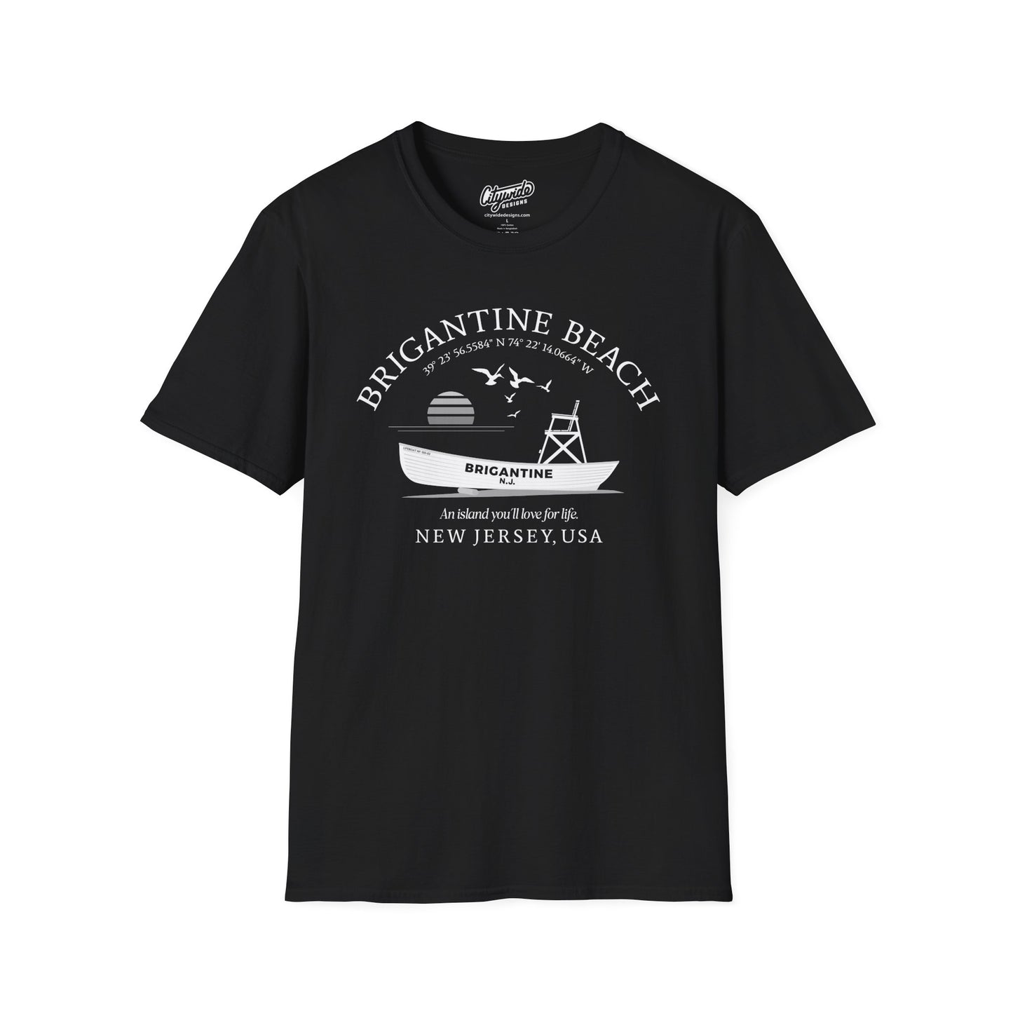 Brigantine Beach Life Boat, Retro Sunset & Sea Gulls T-Shirt