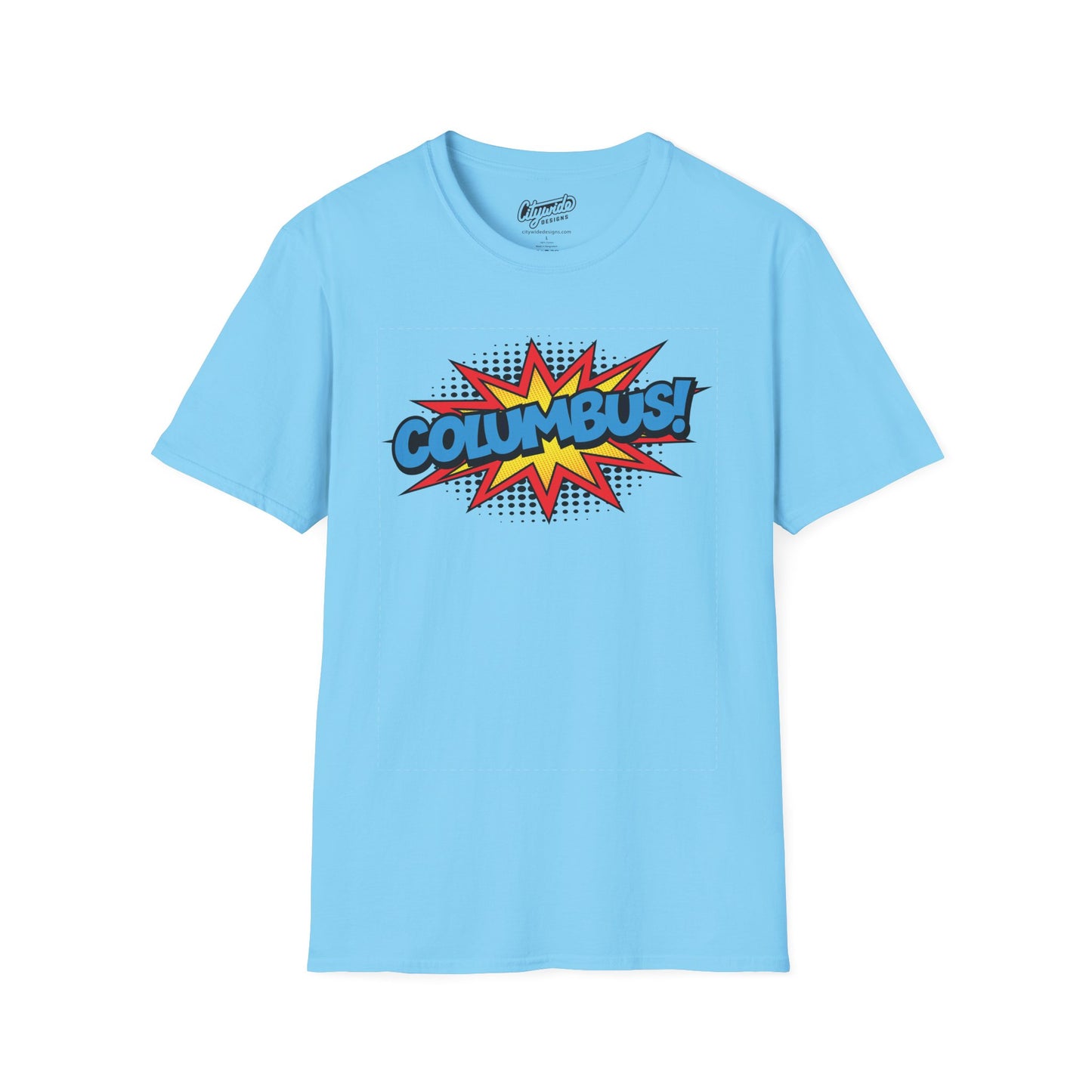 Columbus in Pop Art Comic Burst Graphic Tee with Halftone Dots