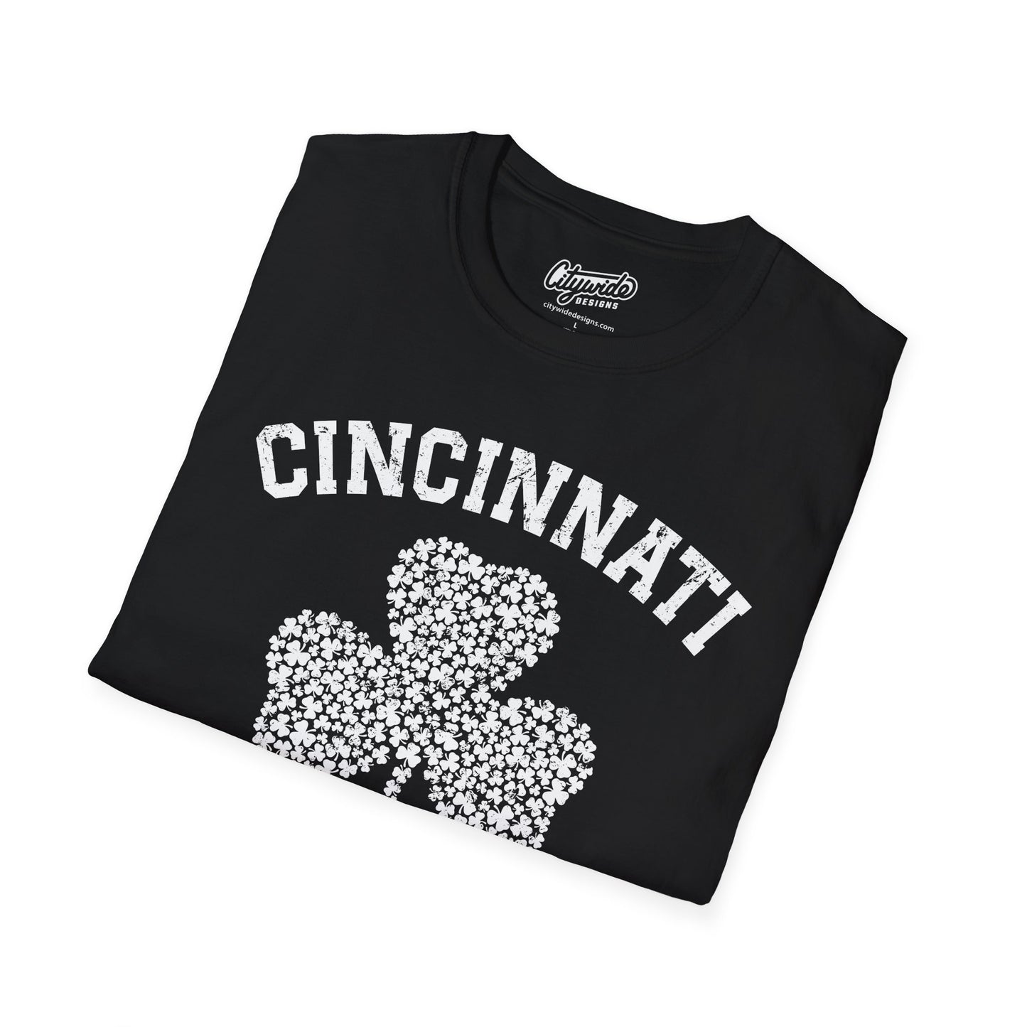 Cincinnati Shamrock Stylized T-Shirt – Big Shamrock of Tiny Shamrocks in White Ink