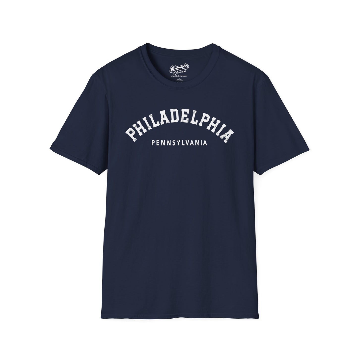 Philadelphia, PA, Arched Varsity Text T-Shirt With Distressed Look