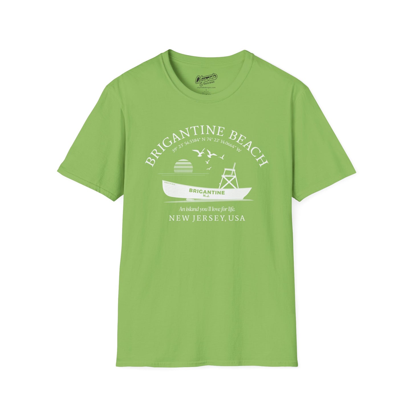 Brigantine Beach Life Boat, Retro Sunset & Sea Gulls T-Shirt