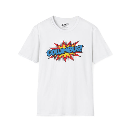 Columbus in Pop Art Comic Burst Graphic Tee with Halftone Dots