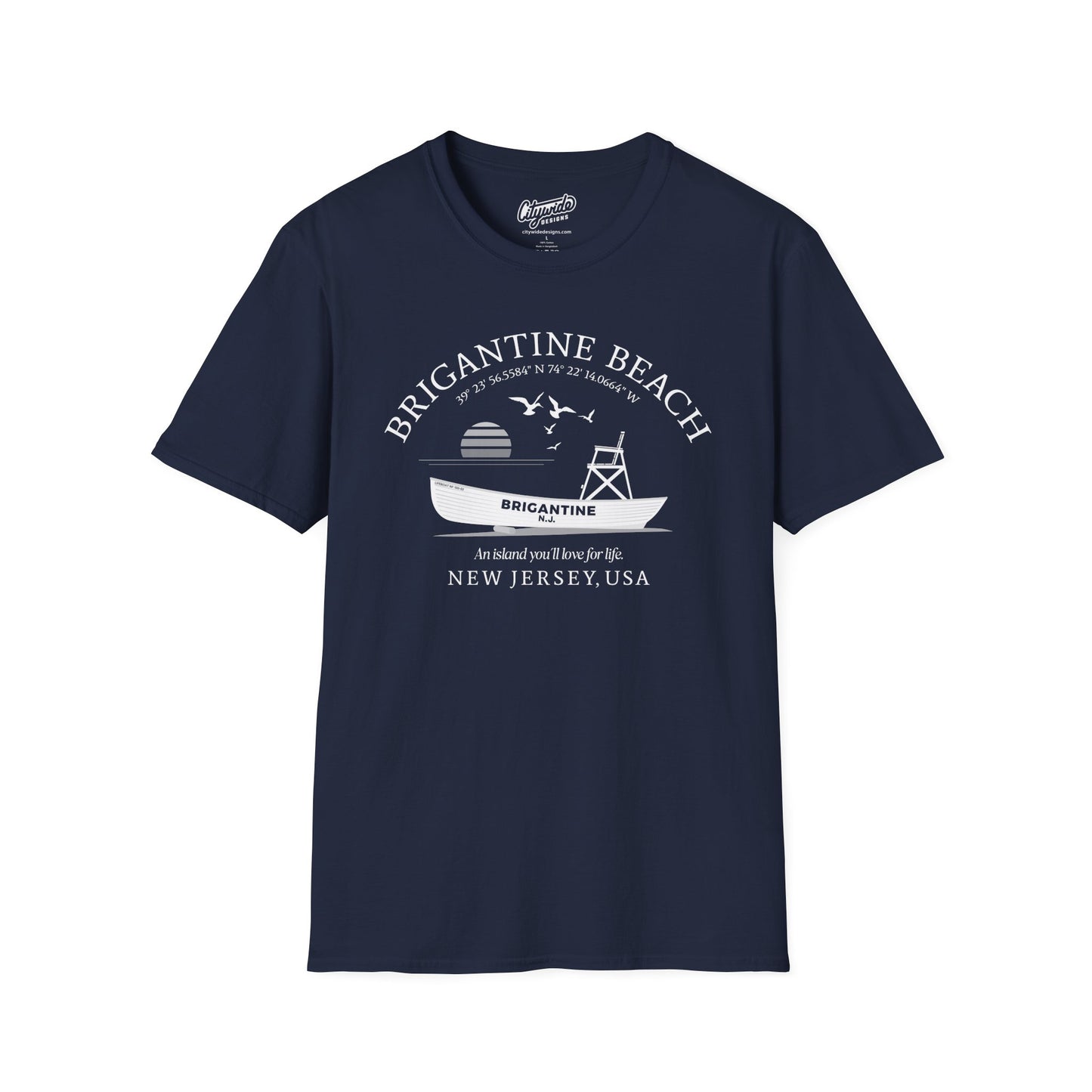 Brigantine Beach Life Boat, Retro Sunset & Sea Gulls T-Shirt