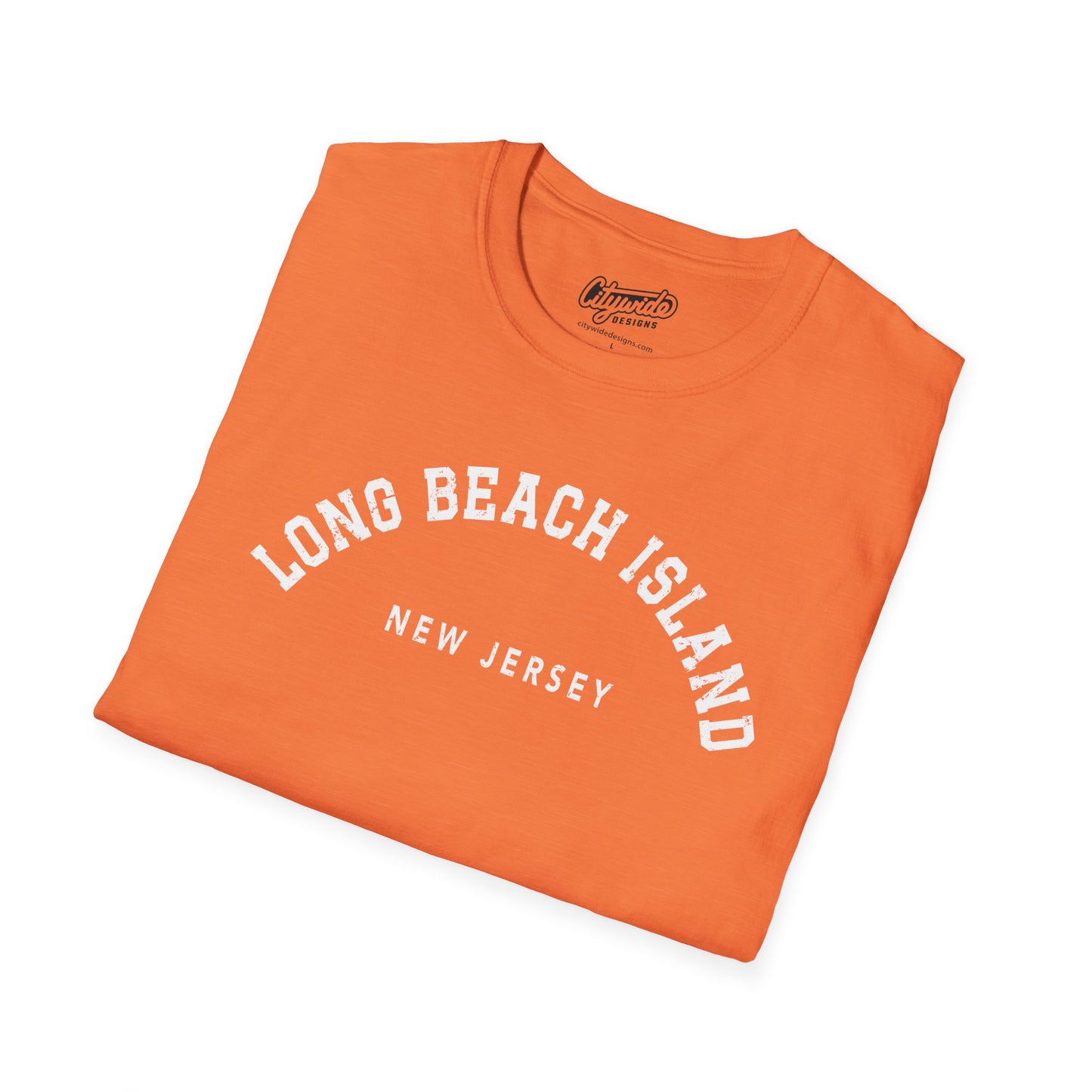 Long Beach Island, New Jersey, Distressed, Arched Varsity Text T-Shirt