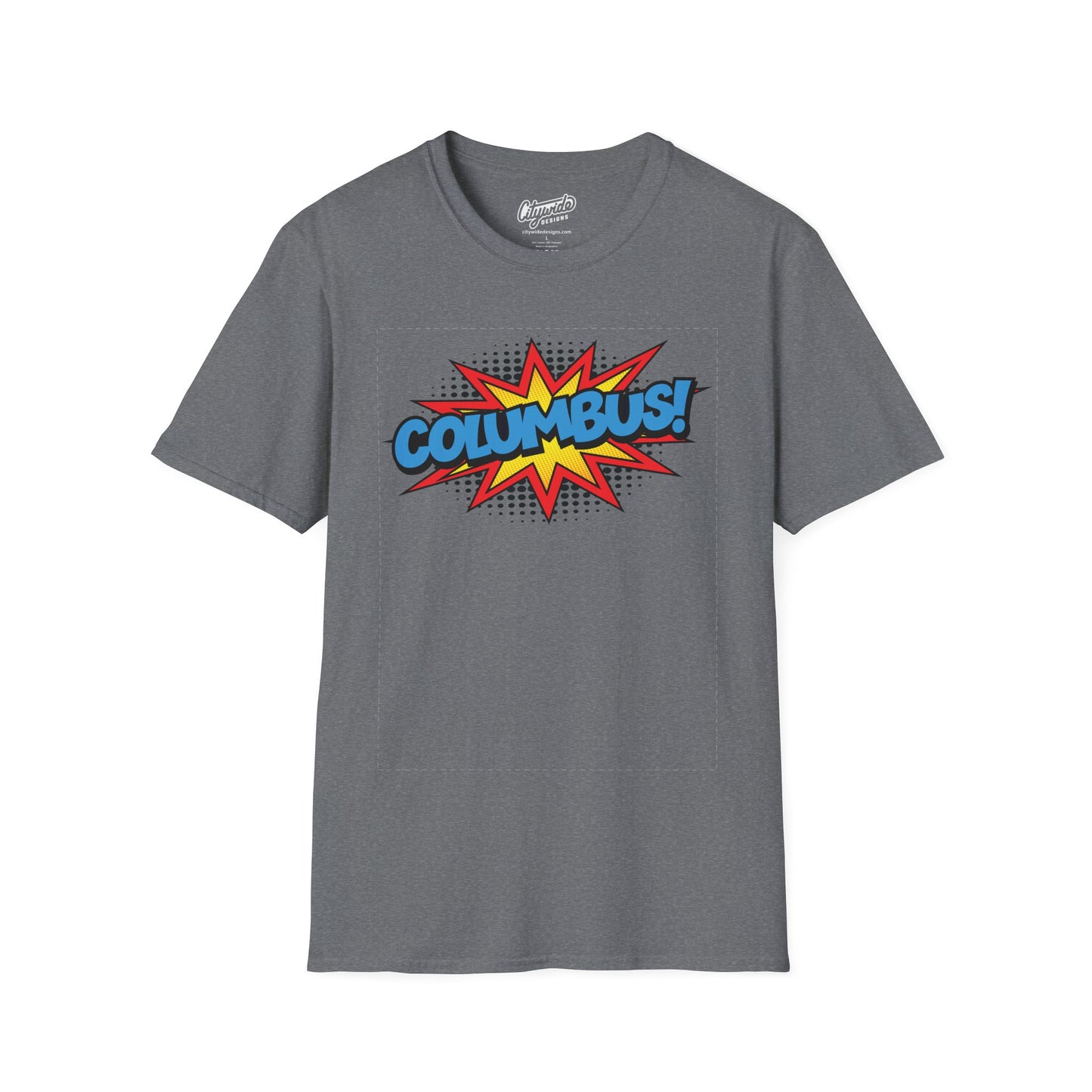 Columbus in Pop Art Comic Burst Graphic Tee with Halftone Dots
