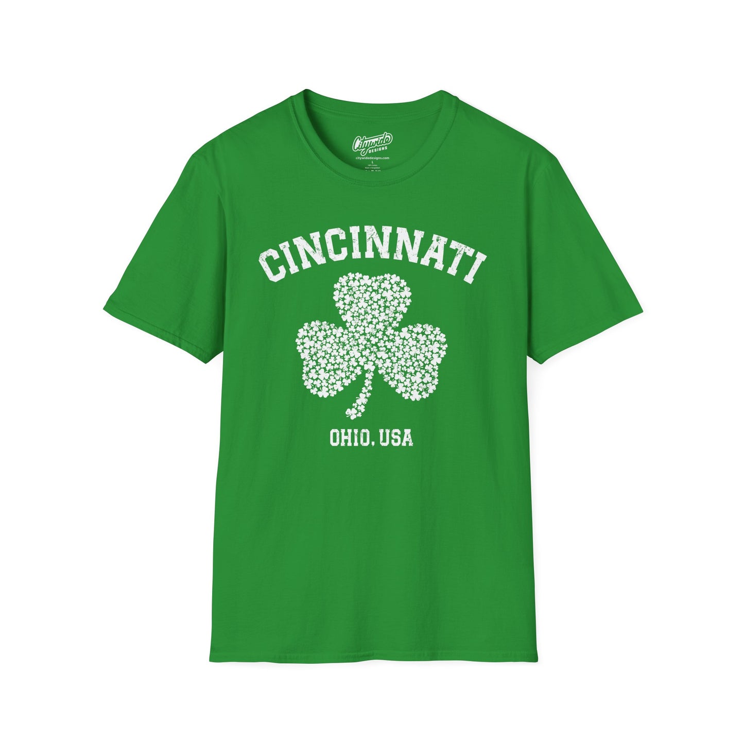 Cincinnati Shamrock Stylized T-Shirt – Big Shamrock of Tiny Shamrocks in White Ink